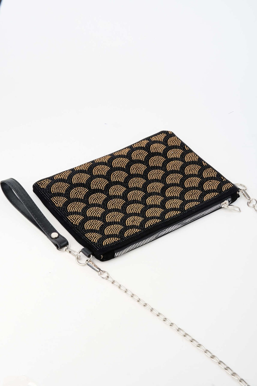 Vivaq Kadın Yelpazer Altın Taşlı Süet Bilek Askılı ve Zincir Askılı Portföy El ve Clutch Çanta görsel 2