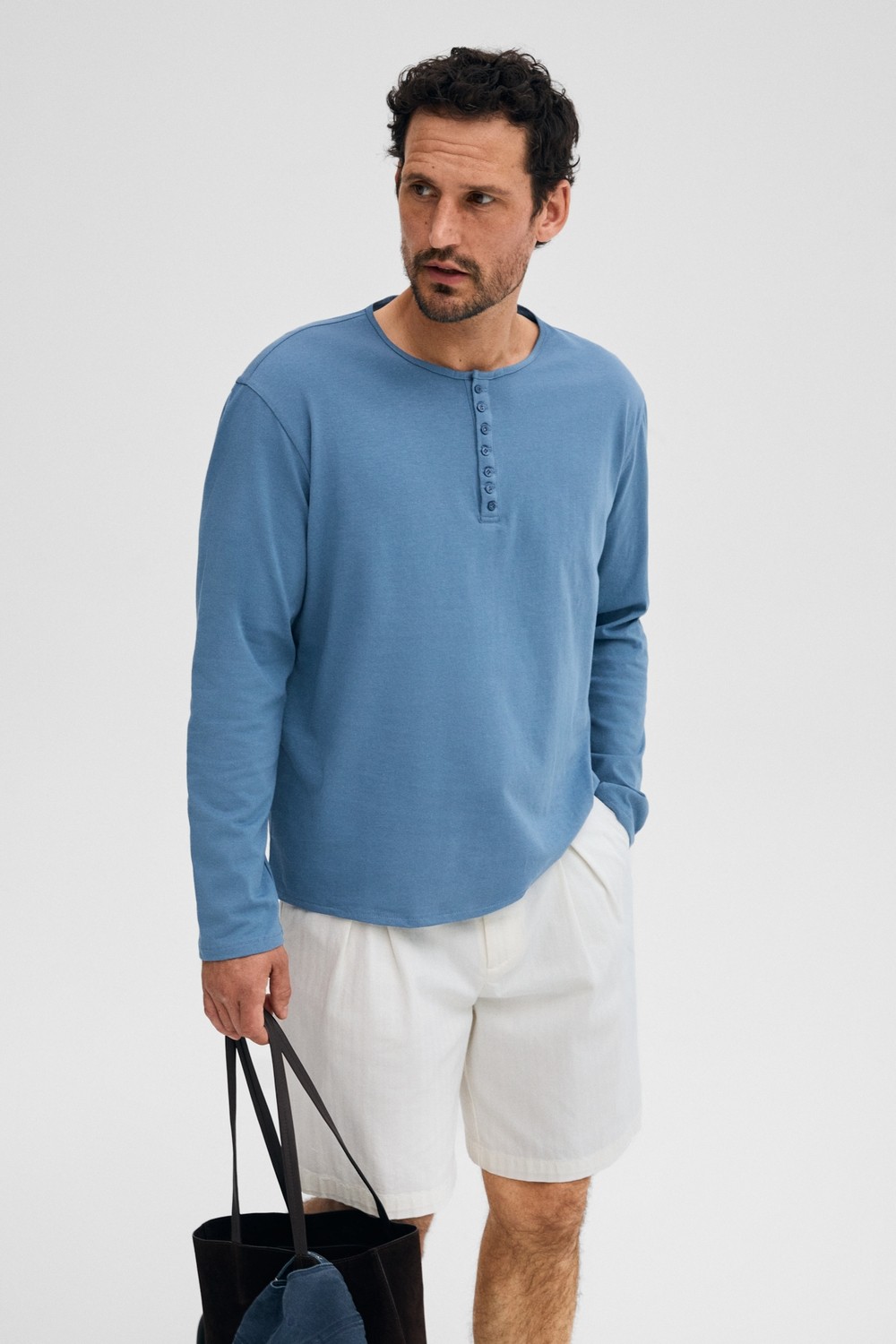 Grimelange Bohınj Erkek Yumuşak ve Organik Pamuklu Hakim Yaka Düğmeli Uzun Kollu Indigo T-Shirt