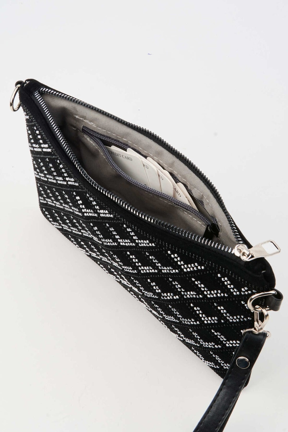Vivaq Kadın Sıralı V Gümüş Taşlı Süet Bilek Askılı ve Zincir Askılı Portföy ve Clutch Çanta görsel 2