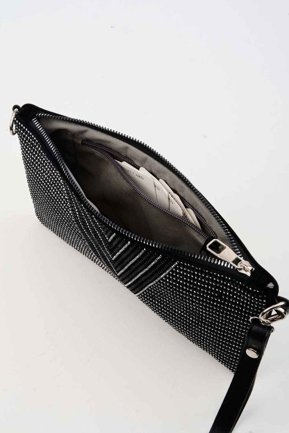 Vivaq Kadın V Gümüş Taşlı Süet Bilek Askılı ve Zincir Askılı Portföy El ve Clutch Çanta görsel 2