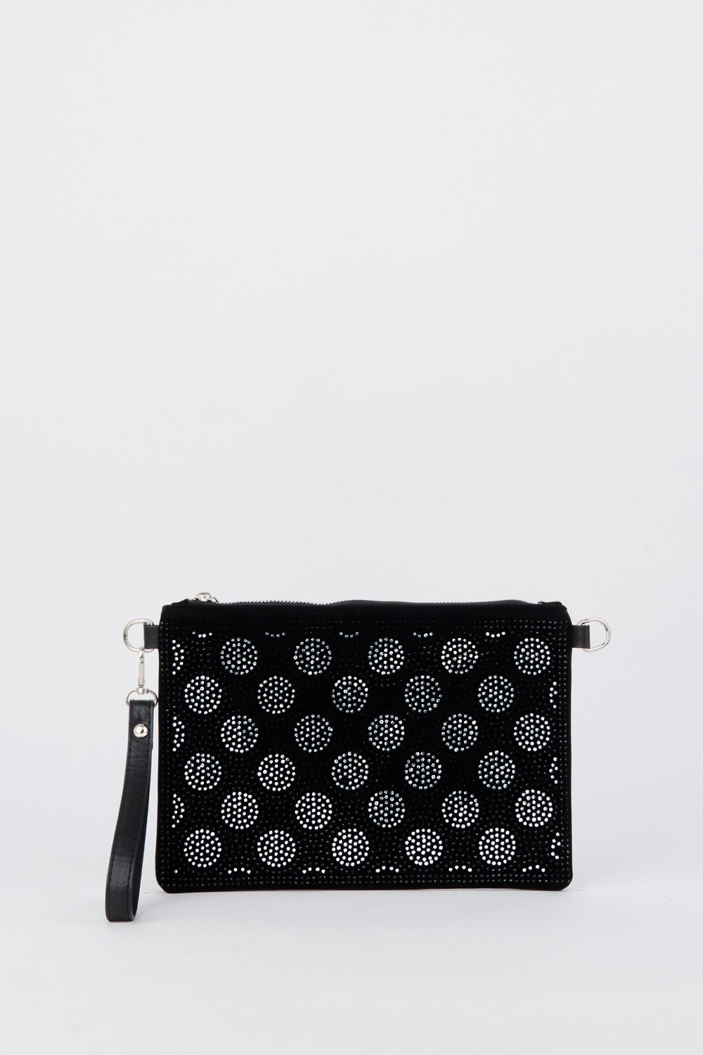 Vivaq Kadın Puantiyeli Gümüş Taşlı Süet Bilek Askılı ve Zincir Askılı Portföy ve Clutch Çanta