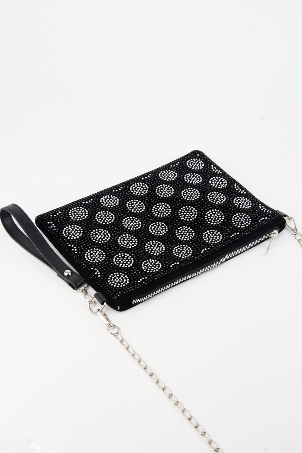 Vivaq Kadın Puantiyeli Gümüş Taşlı Süet Bilek Askılı ve Zincir Askılı Portföy ve Clutch Çanta görsel 2