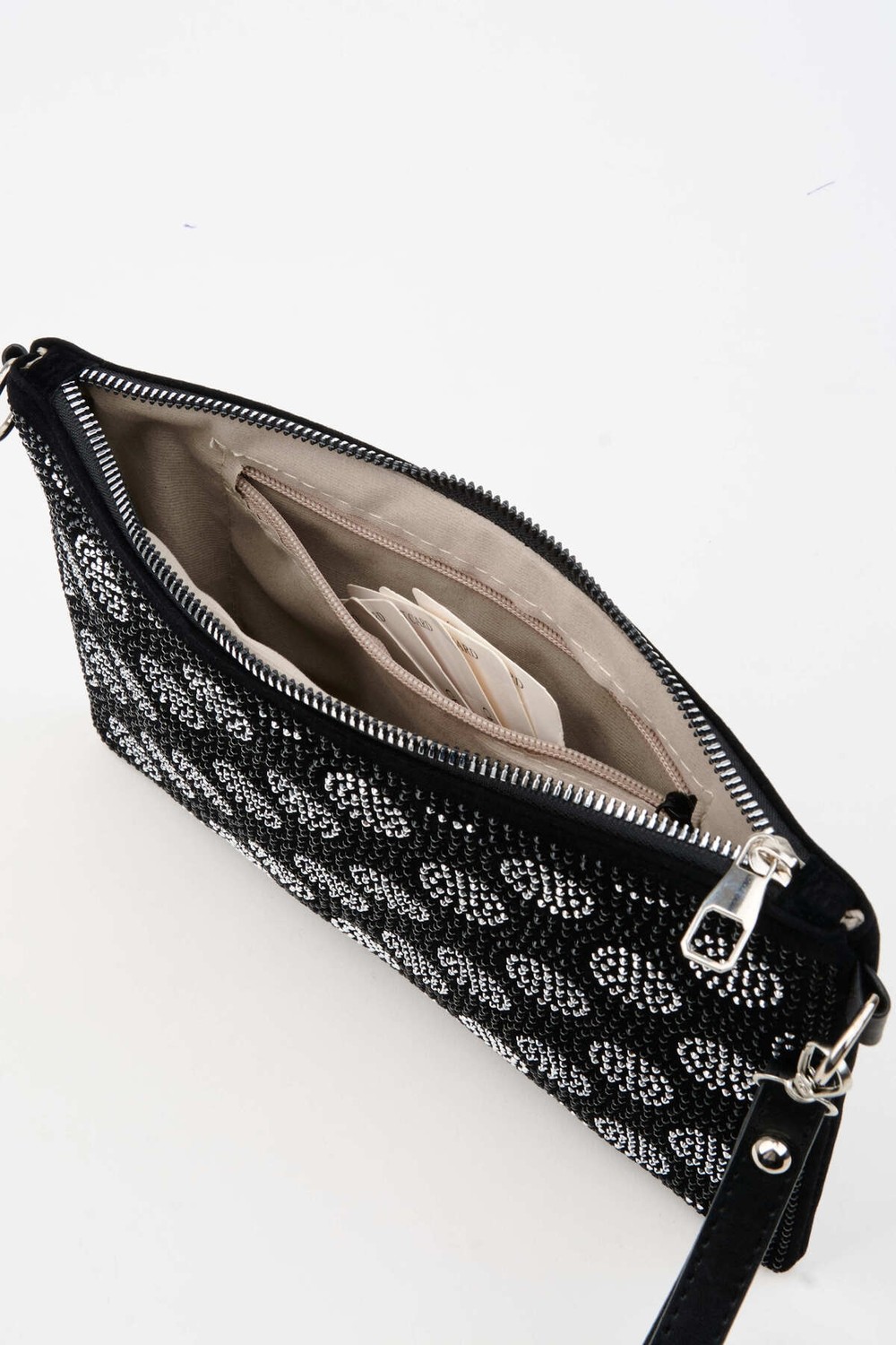 Vivaq Kadın Puantiyeli Gümüş Taşlı Süet Bilek Askılı ve Zincir Askılı Portföy ve Clutch Çanta görsel 3