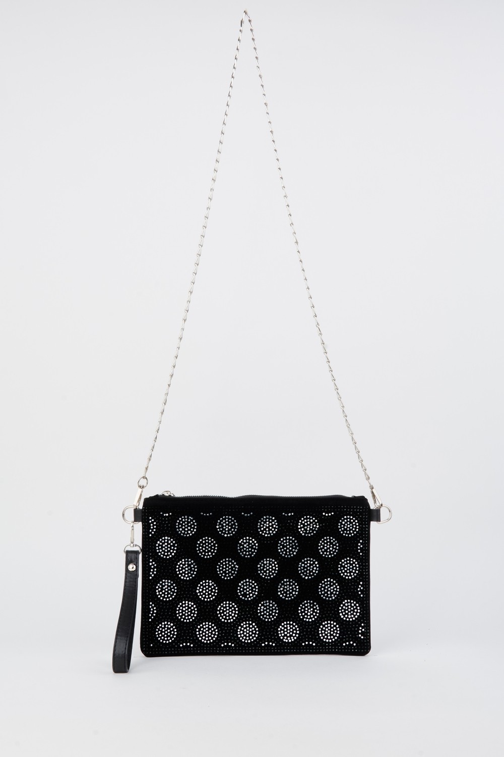 Vivaq Kadın Puantiyeli Gümüş Taşlı Süet Bilek Askılı ve Zincir Askılı Portföy ve Clutch Çanta görsel 4
