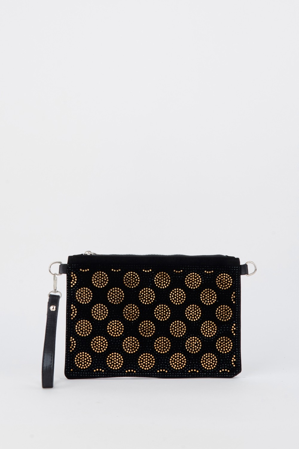 Vivaq Kadın Puantiyeli Altın Taşlı Süet Bilek Askılı ve Zincir Askılı Portföy El ve Clutch Çanta