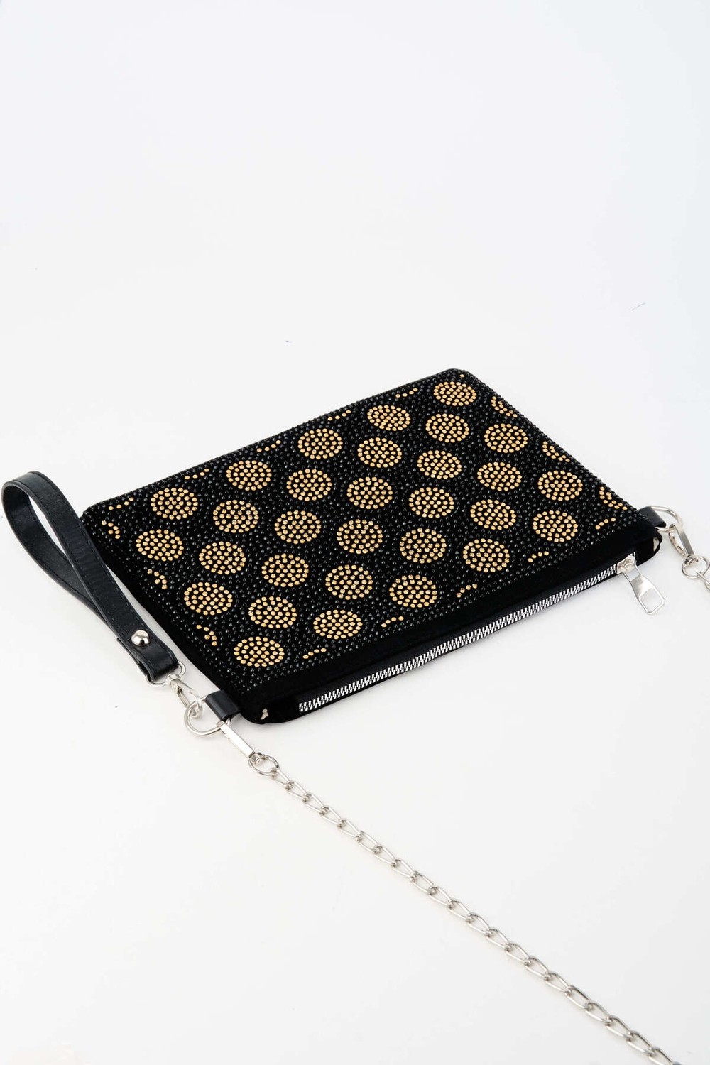 Vivaq Kadın Puantiyeli Altın Taşlı Süet Bilek Askılı ve Zincir Askılı Portföy El ve Clutch Çanta görsel 3
