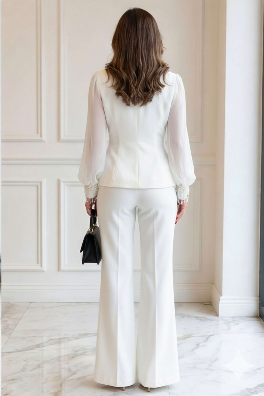 Zishan Fashion Lüks Siyah Boncuk Detaylı Kadın Ikili Takım, Şifon Kollu Ceket ve Pantolon, 36-48 Geniş Beden 415 görsel 3