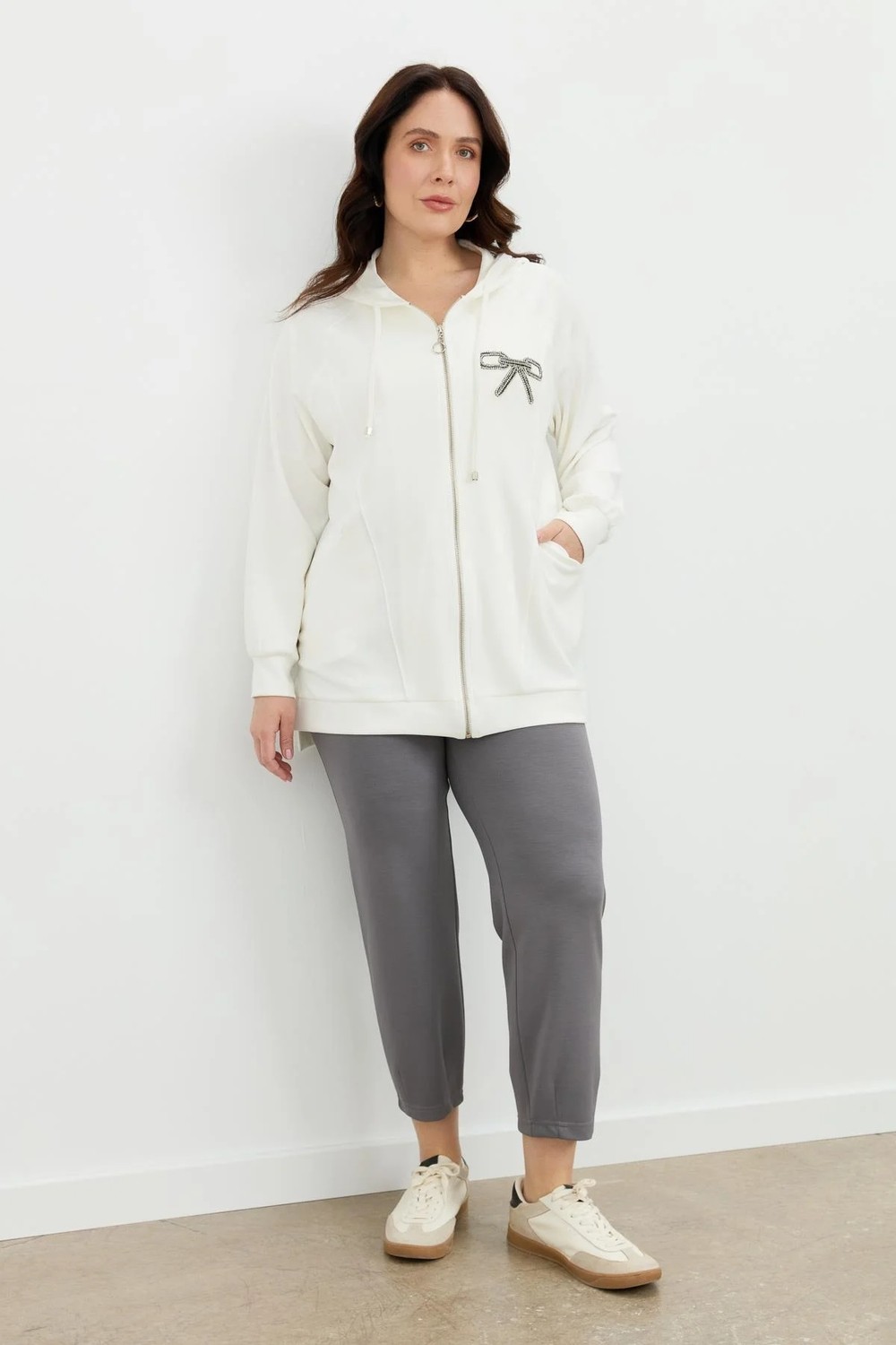 Accort Büyük Beden Taş Baskı Sweatshirt-Ekru görsel 2