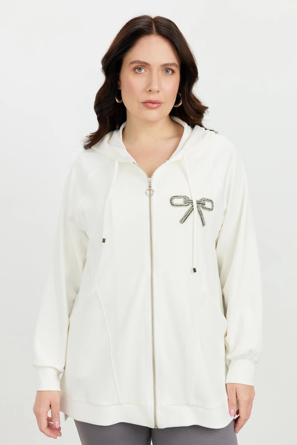 Accort Büyük Beden Taş Baskı Sweatshirt-Ekru görsel 5
