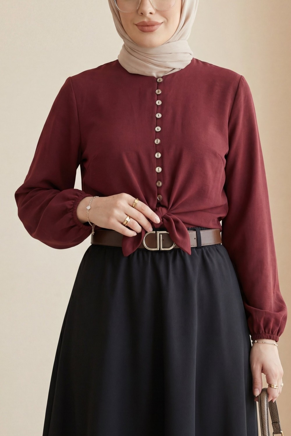 Moda Morfo Eteği Bağlamalı Beli Ve Kolu Lastikli Düğmeli Modal Gömlek -Bordo görsel 7