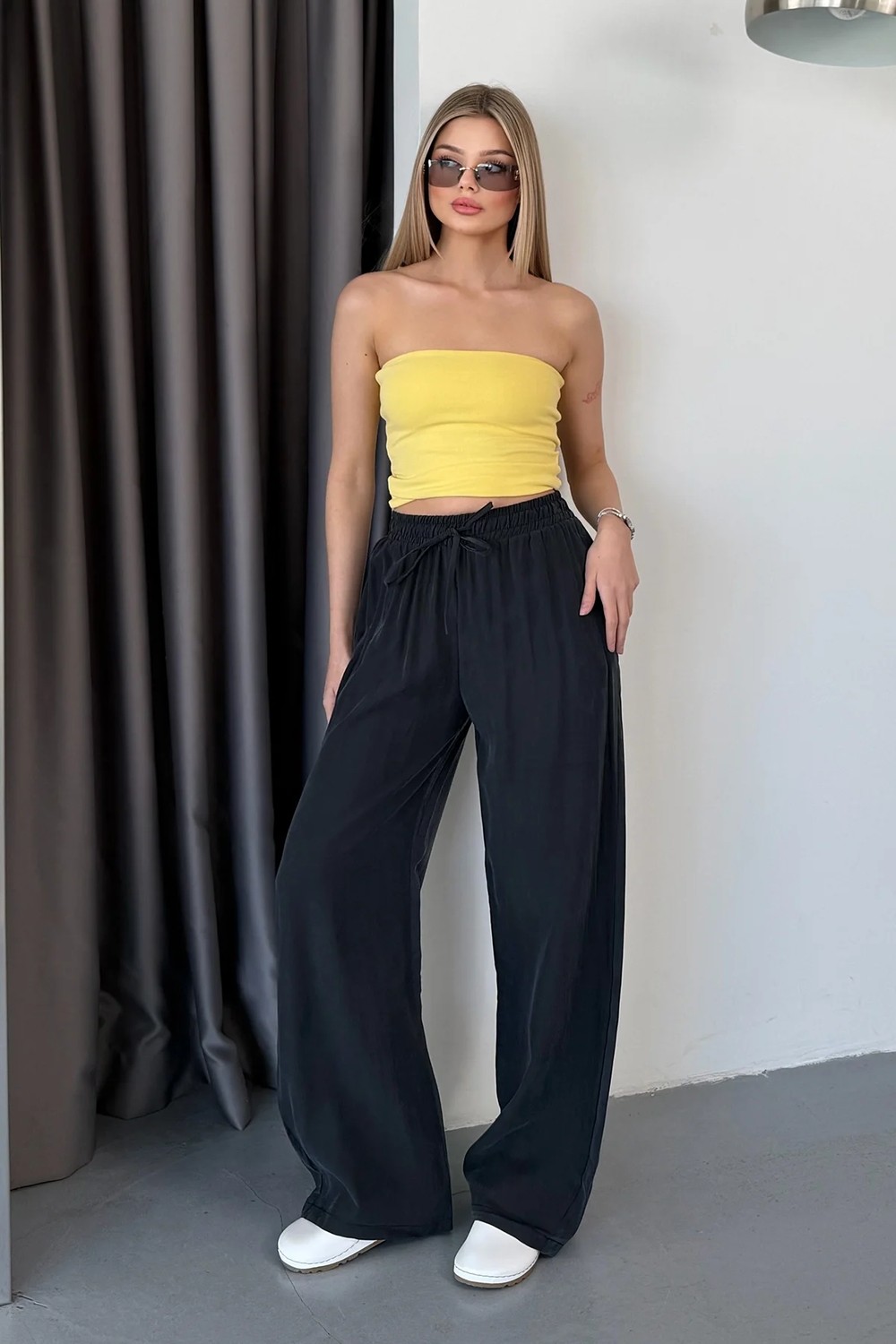 Giysa Kadın Beli Ayarlanabilir çift Cepli Bol Paça pantolon Siyah - MW0001515