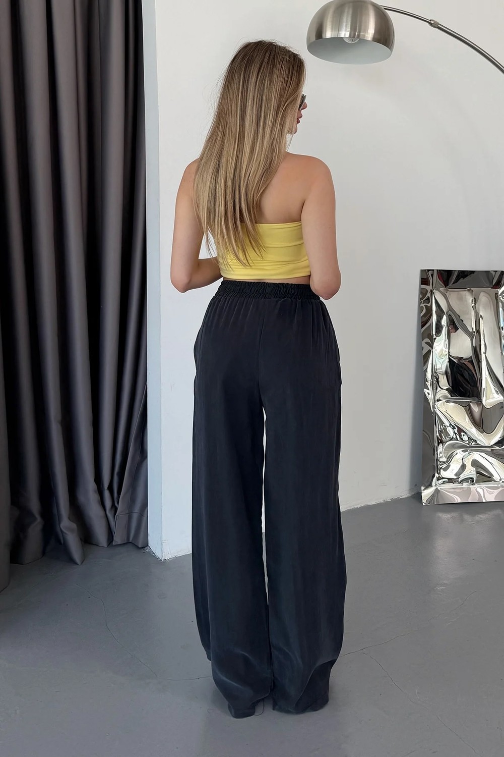 Giysa Kadın Beli Ayarlanabilir çift Cepli Bol Paça pantolon Siyah - MW0001515 görsel 5