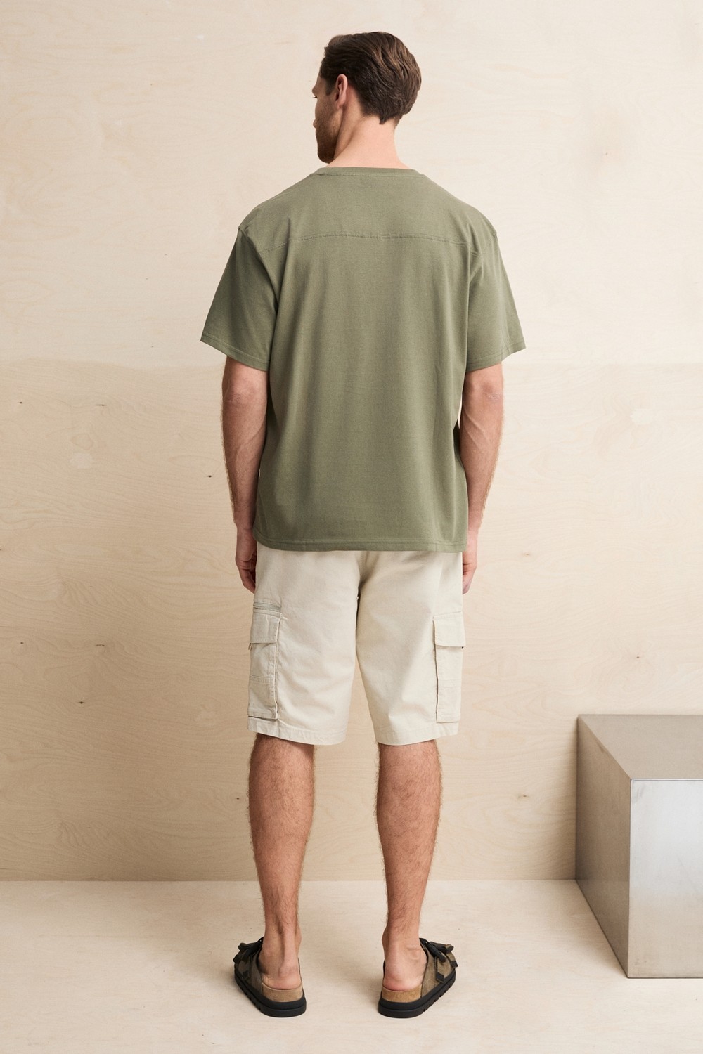Grimelange Pocket Erkek %100 Organik Pamuklu Dokuma Cepli Etiket Detaylı Haki T-Shirt görsel 6