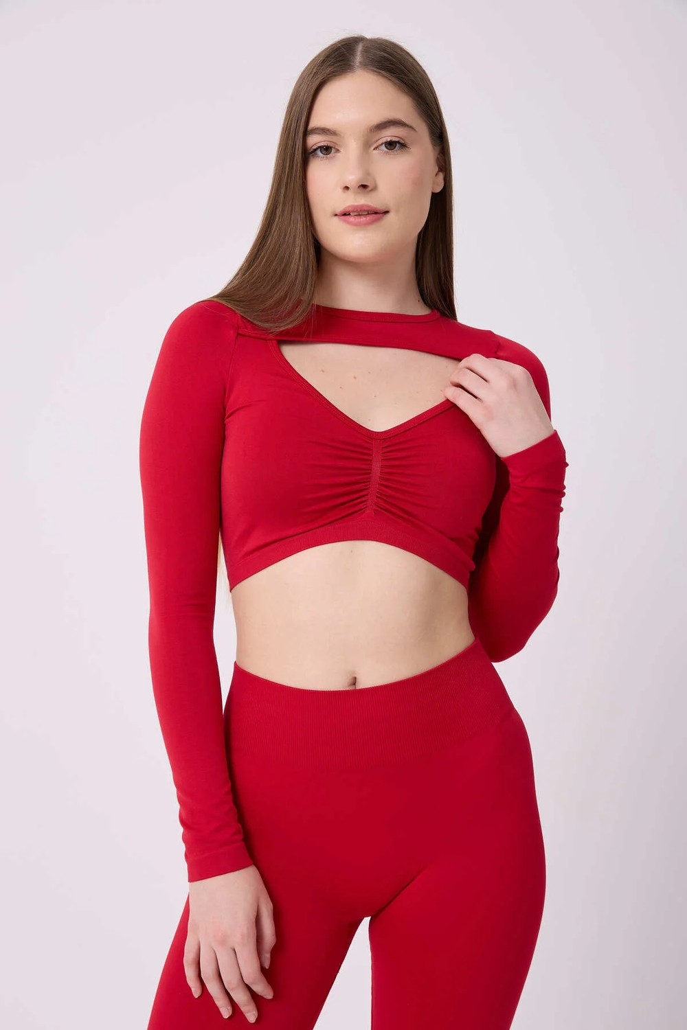 Forever More Kadın Uzun Kollu Göğsü Açık Dikişsiz Crop Top görsel 4