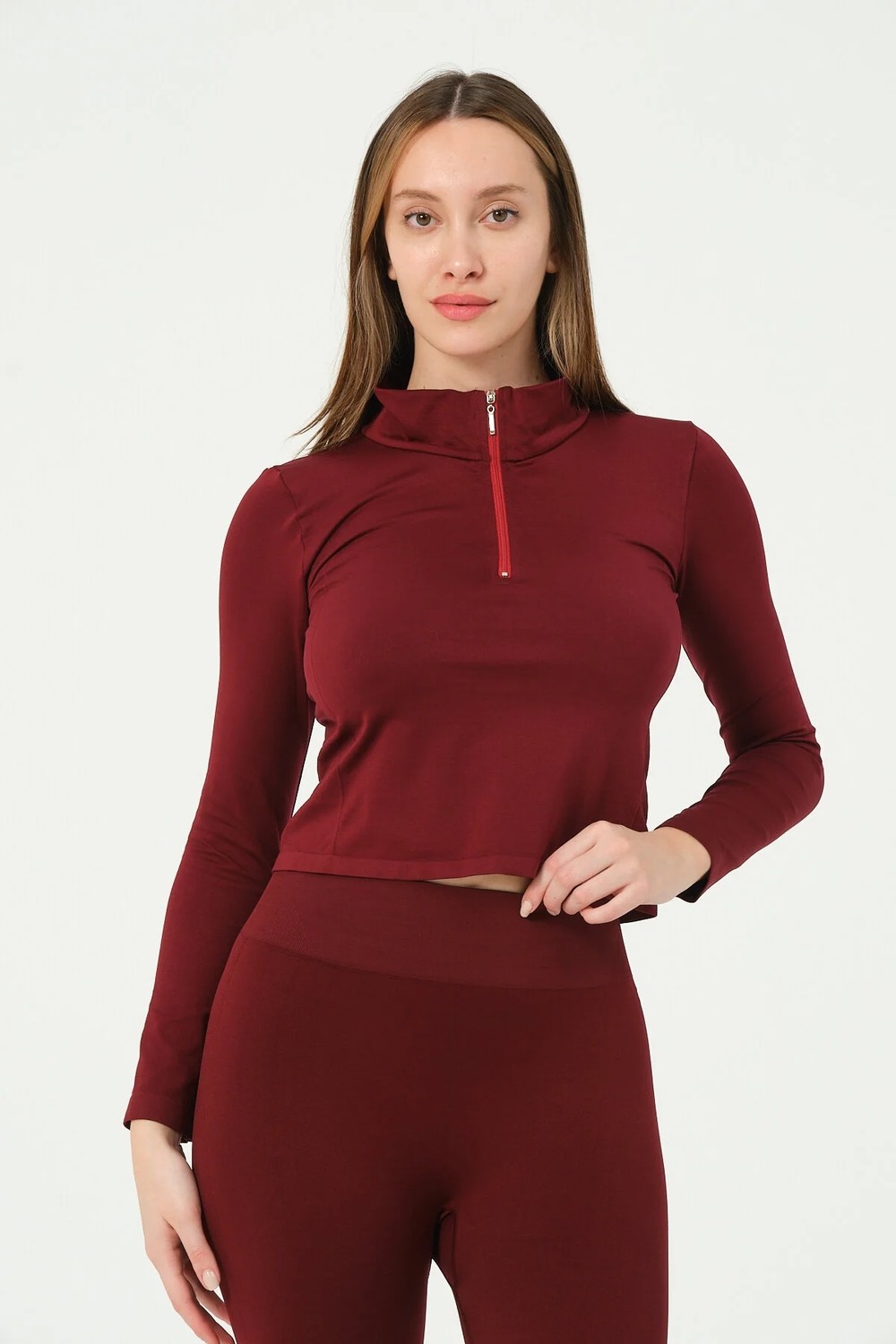 Forever More Kadın Fermuarlı Spor Crop Top Dikişsiz görsel 6