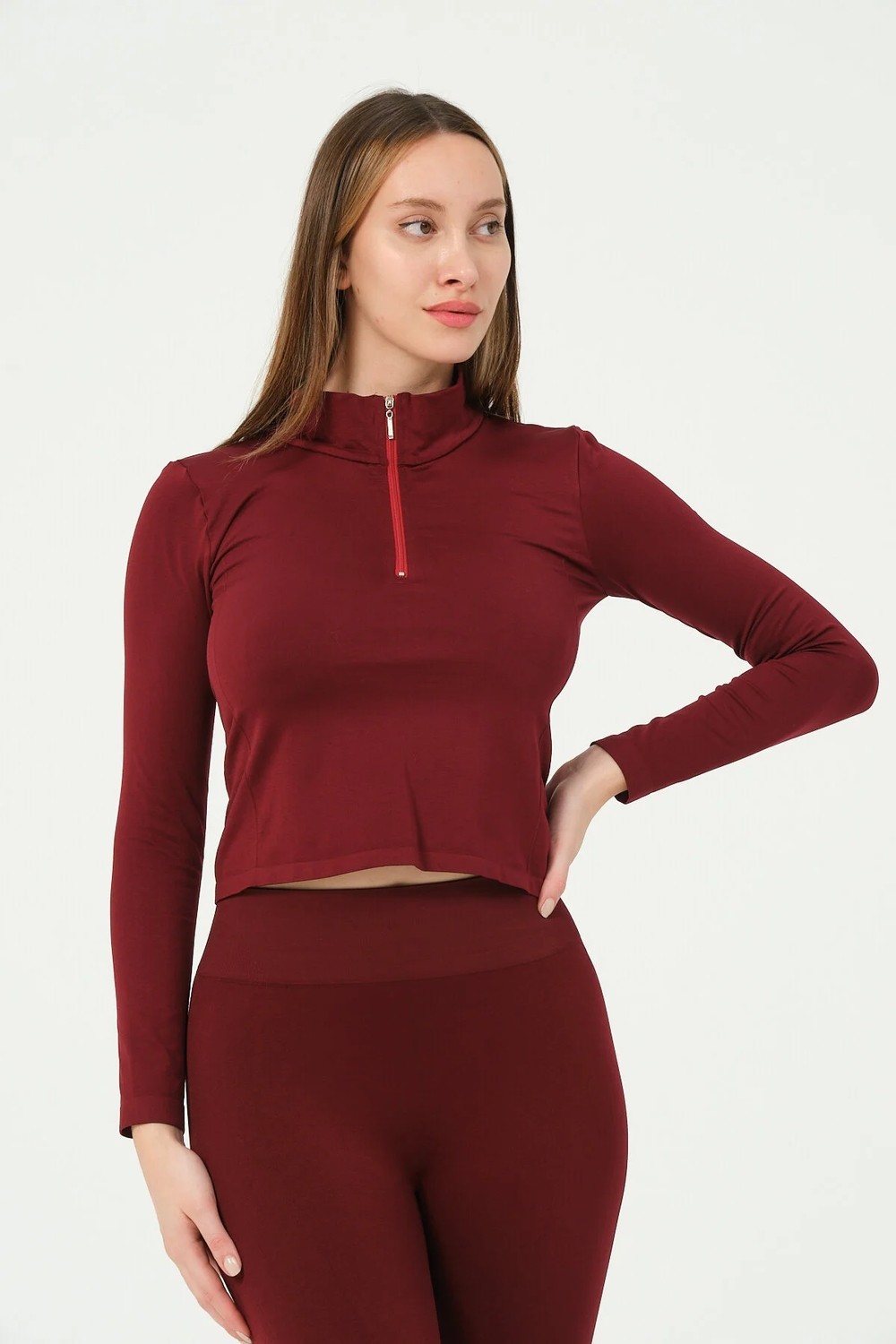 Forever More Kadın Fermuarlı Spor Crop Top Dikişsiz görsel 7