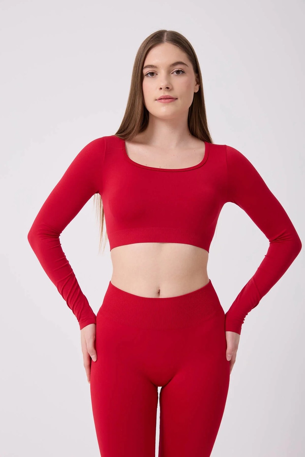 Forever More Kare Yaka Uzun Kollu Crop Top Seamless görsel 2