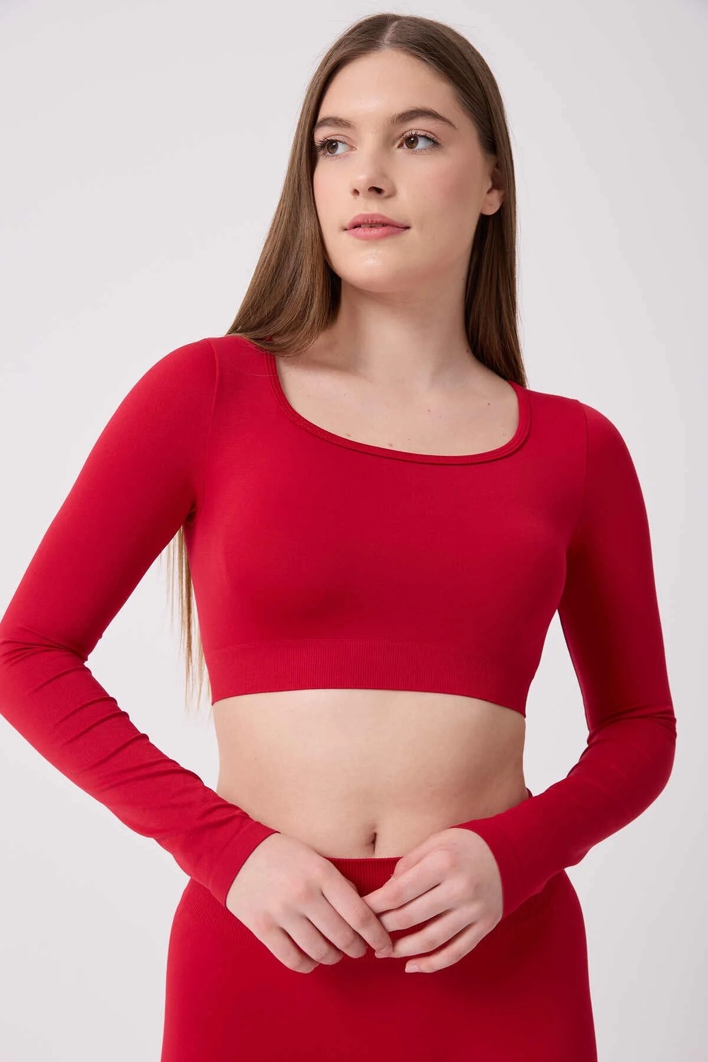 Forever More Kare Yaka Uzun Kollu Crop Top Seamless görsel 3