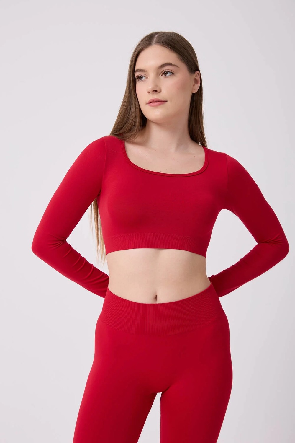 Forever More Kare Yaka Uzun Kollu Crop Top Seamless görsel 4