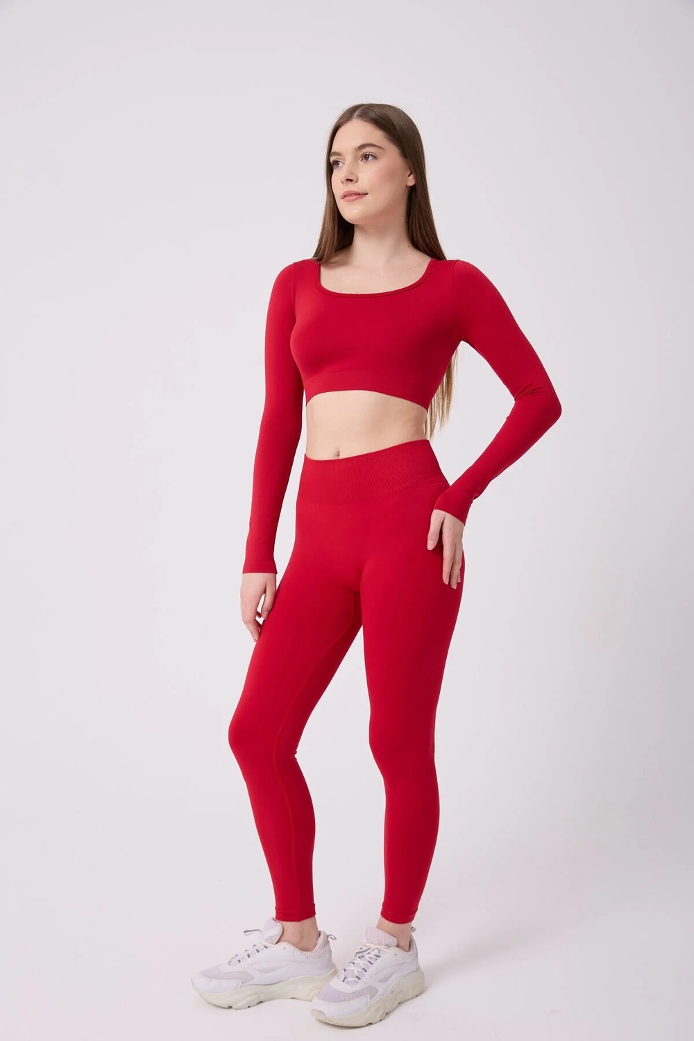 Forever More Kare Yaka Uzun Kollu Crop Top Seamless görsel 7
