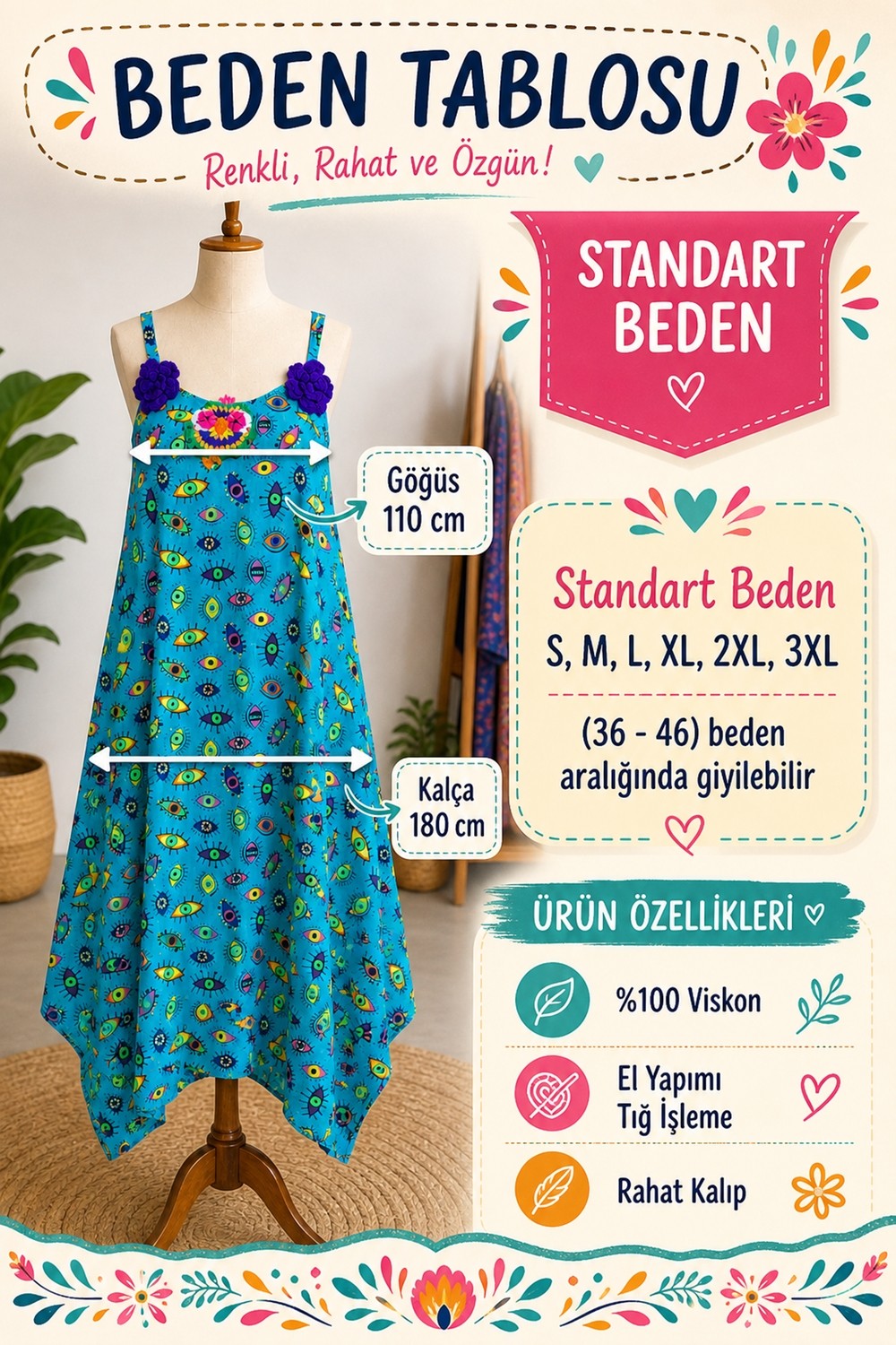 Park Moda Kadın El Işi Nakışlı Keten Hamile Elbisesi Mavi Bohem Askılı Yazlık Elbise görsel 5