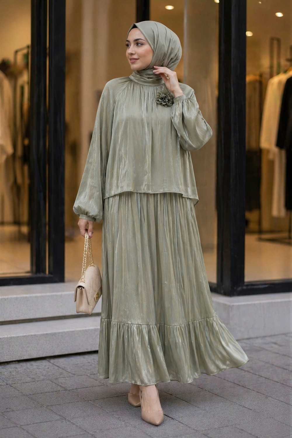 İmaj Butik Taş Kol Lastikli Bronş Detaylı Bluz Etekli Takım görsel 2