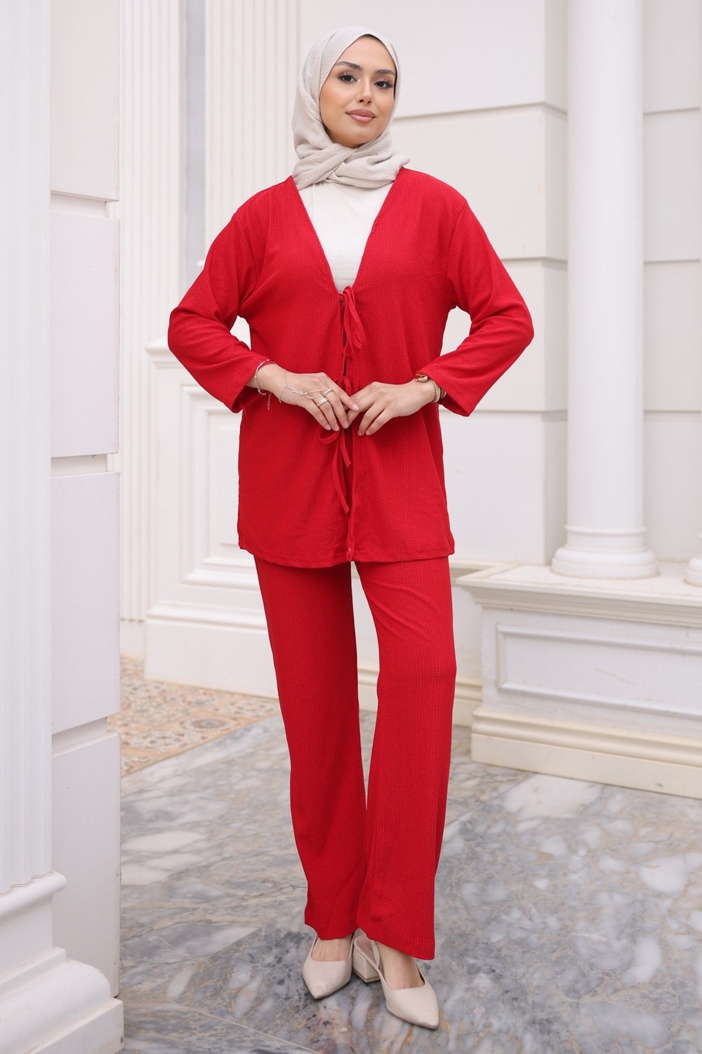 İmaj Butik Taş Ön Bağlamalı Bürümcük Kimono Pantolonlu Takım görsel 5