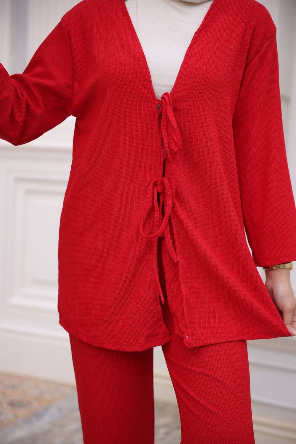 İmaj Butik Taş Ön Bağlamalı Bürümcük Kimono Pantolonlu Takım görsel 7