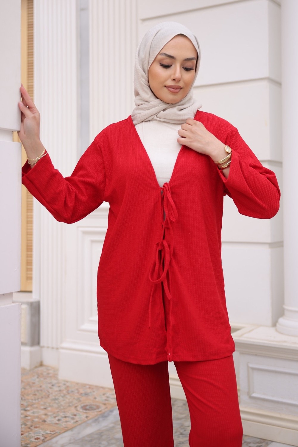 İmaj Butik Taş Ön Bağlamalı Bürümcük Kimono Pantolonlu Takım görsel 8
