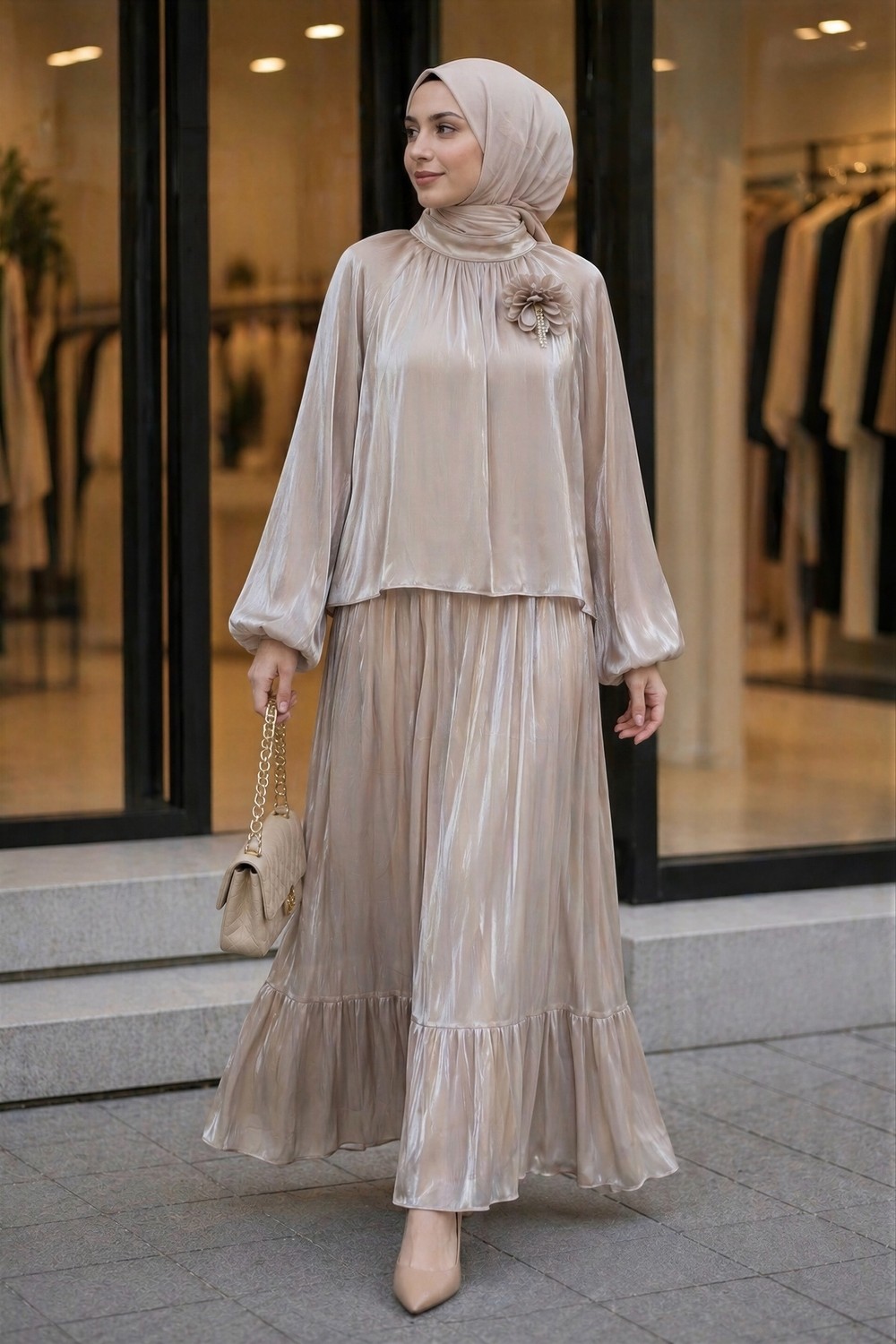 İmaj Butik Taş Kol Lastikli Bronş Detaylı Bluz Etekli Takım