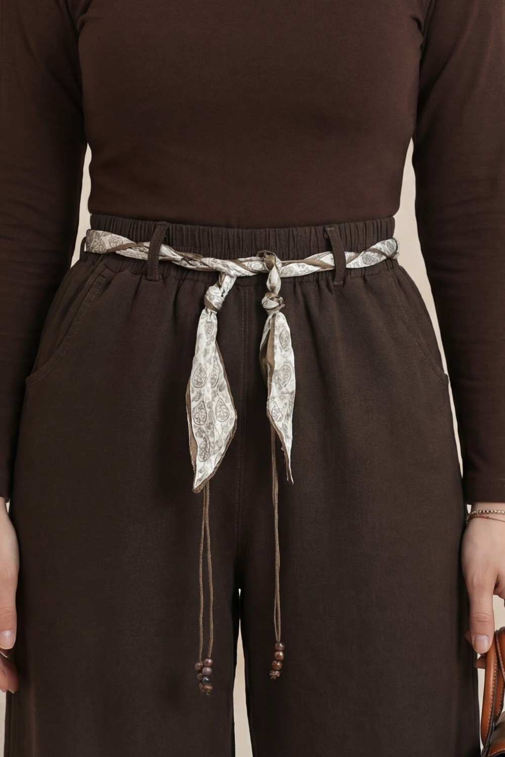 Moda Morfo Bol Paça Beli Lastikli Kemerli Cepli Keten Pantolon -Siyah