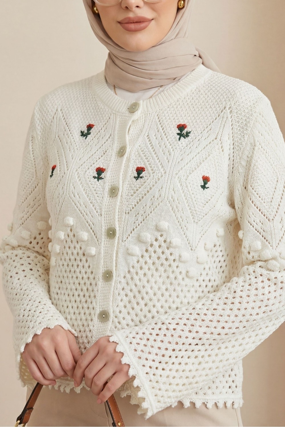 Moda Morfo Önü Ve Kolları Ponponlu Çiçek Nakışlı Düğmeli Triko Hırka -Ekru