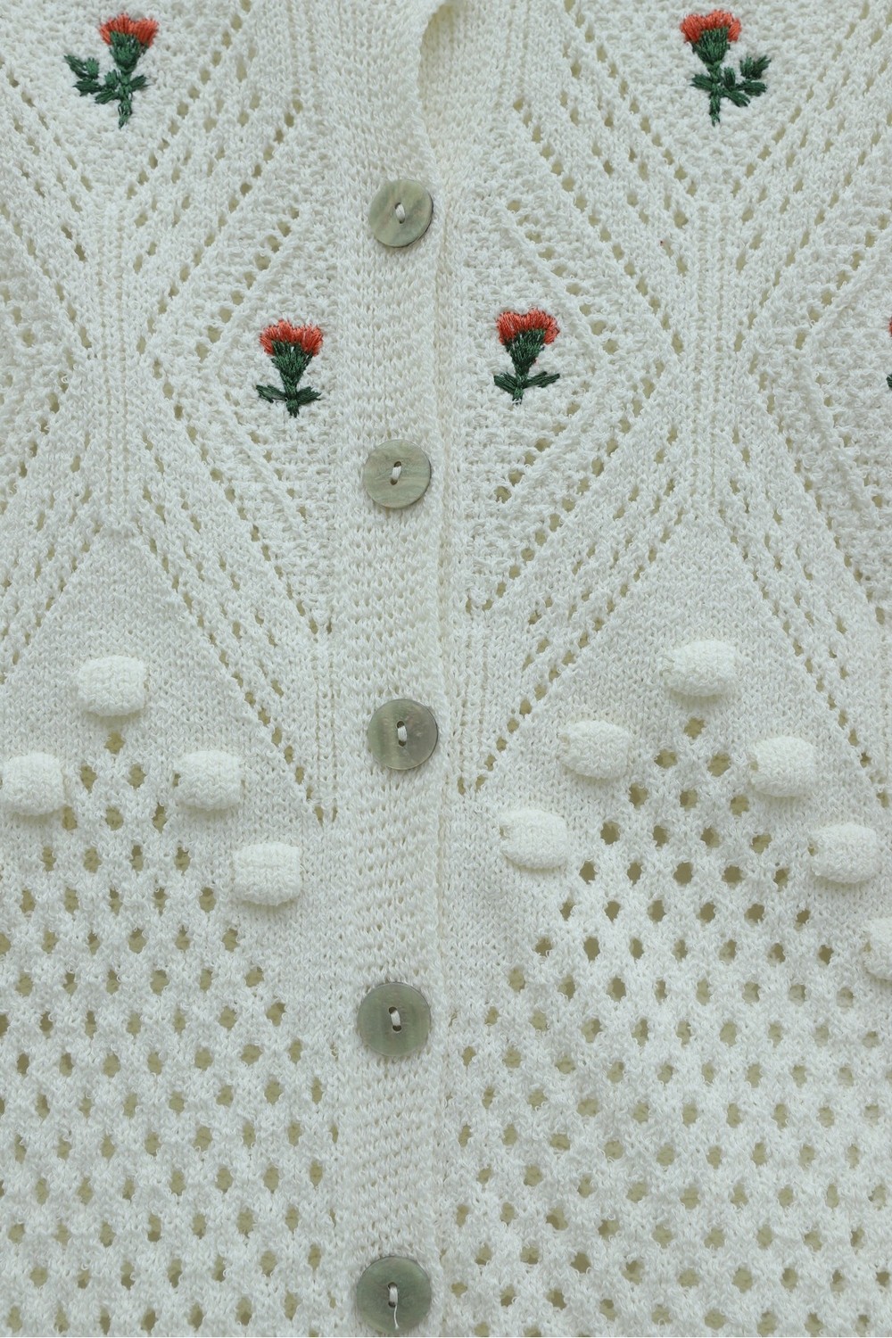 Moda Morfo Önü Ve Kolları Ponponlu Çiçek Nakışlı Düğmeli Triko Hırka -Ekru görsel 5