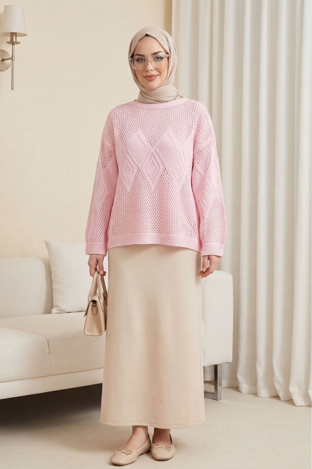 Moda Morfo Önü Ve Kolları Desenli Ajurlu Triko Kazak -Siyah