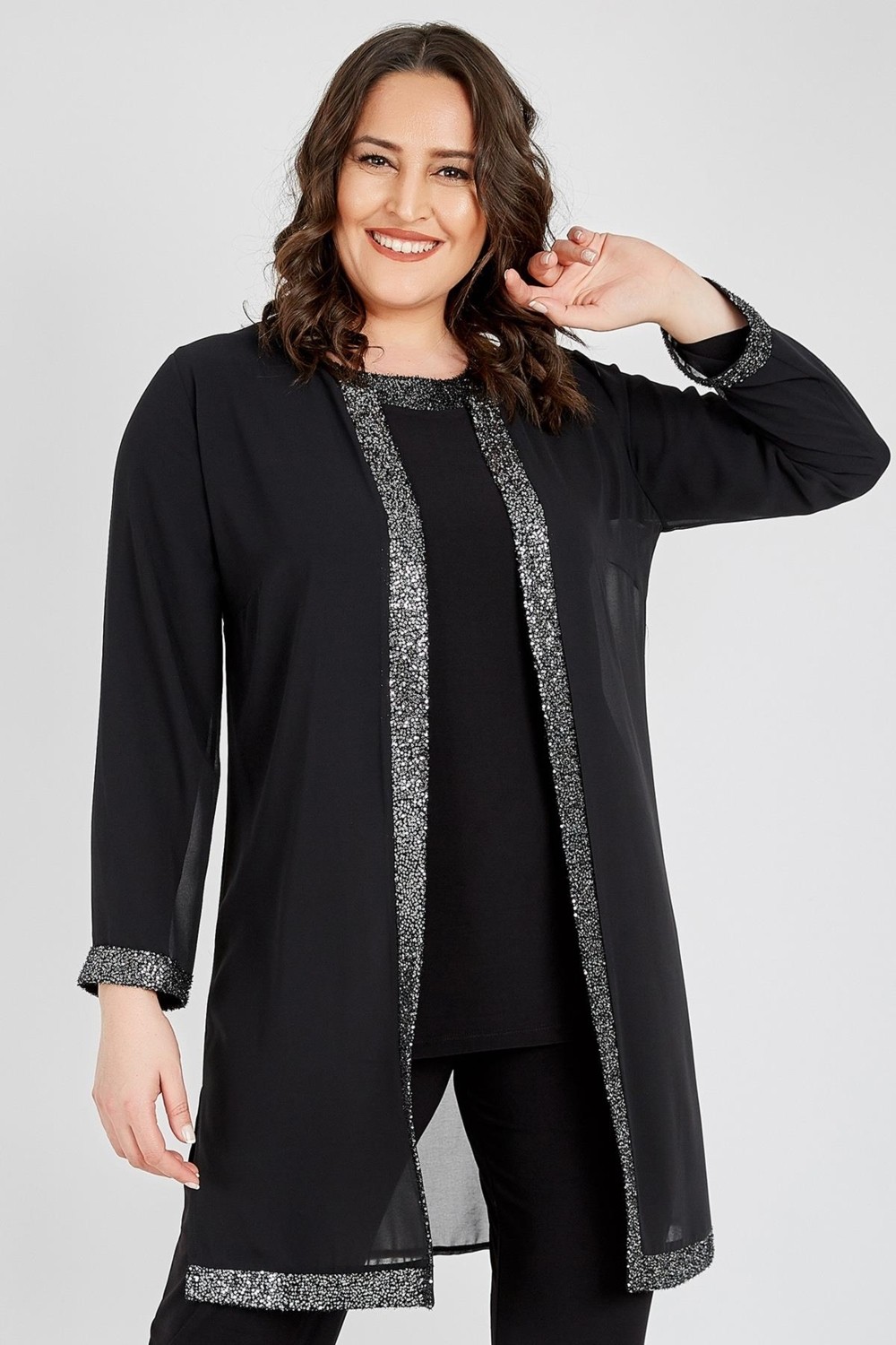 Ladies First Büyük Beden 3717 Lacivert Gümüş Ceket+Bluz İkili Takım Şık Stil Özel Olaylar İçin