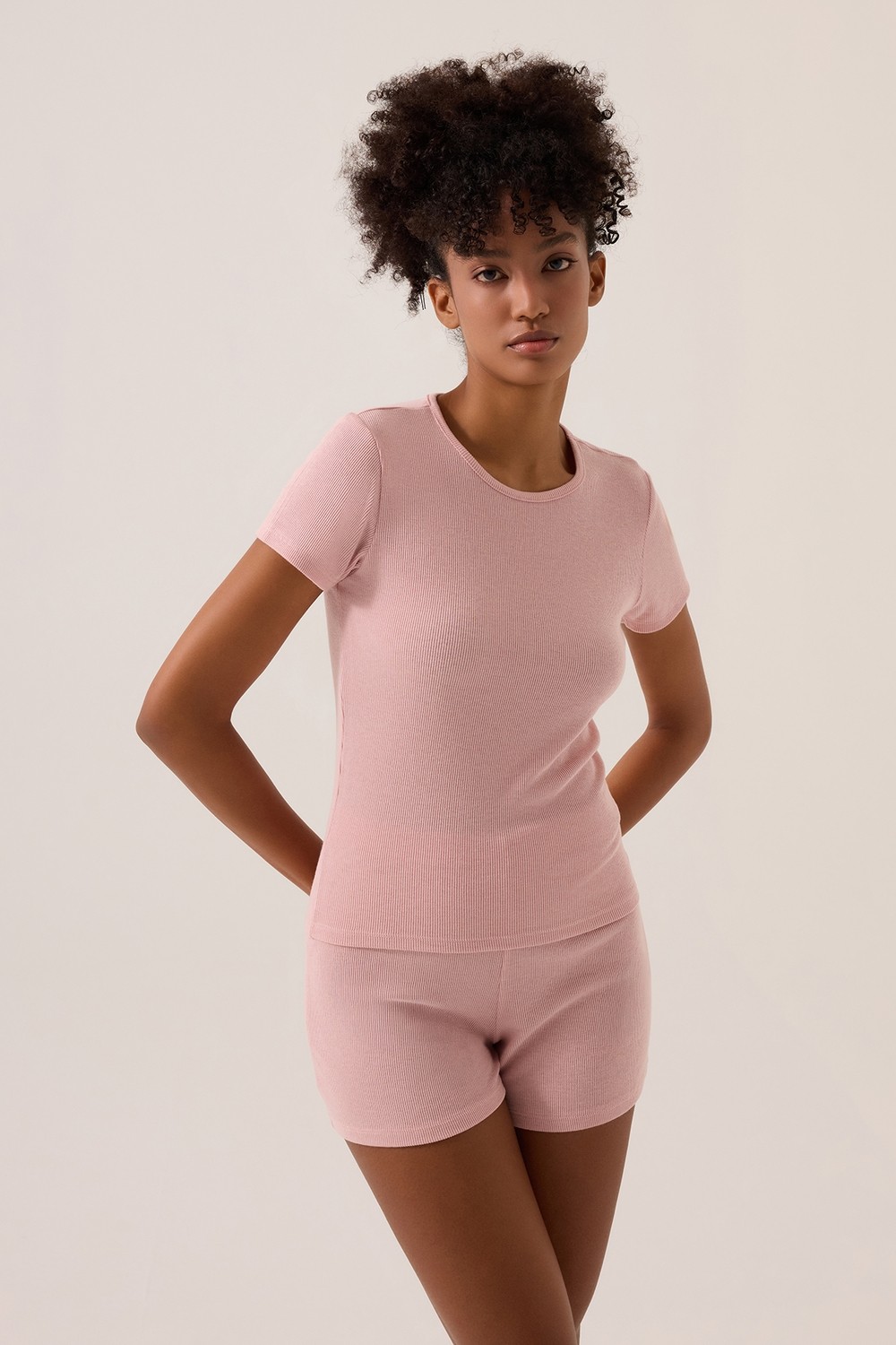Los Ojos x Ece Kahverengi Modal Kumaşlı Kısa Kollu Şortlu Pijama Takımı Ribbed Pj4
