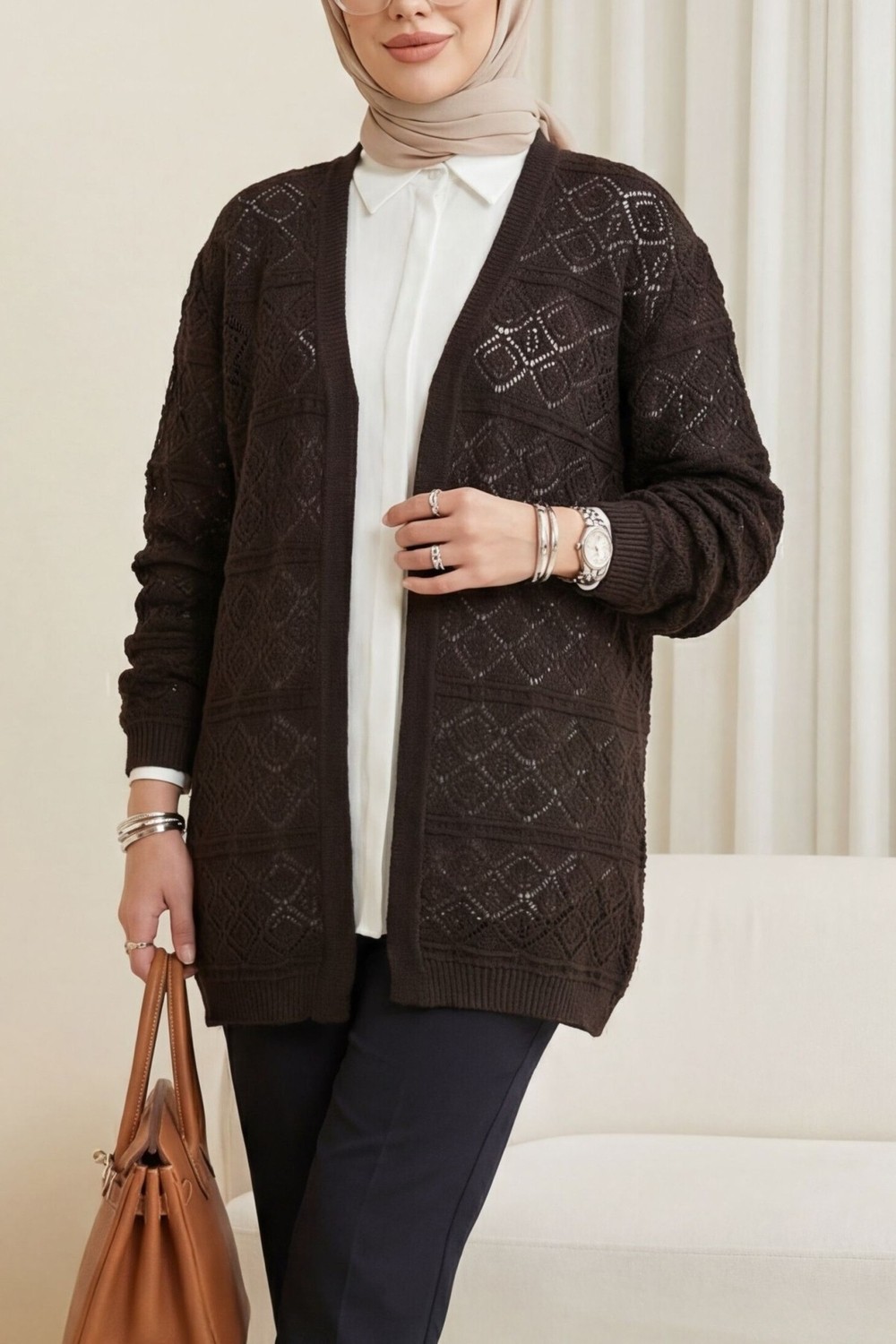 Moda Morfo Kare Desenli Ajurlu Salaş Triko Hırka -Bej