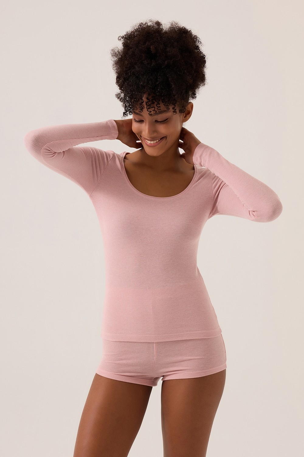 Los Ojos x Ece Kahverengi Modal Kumaşlı Uzun Kollu Şortlu Pijama Takımı Ribbed Pj