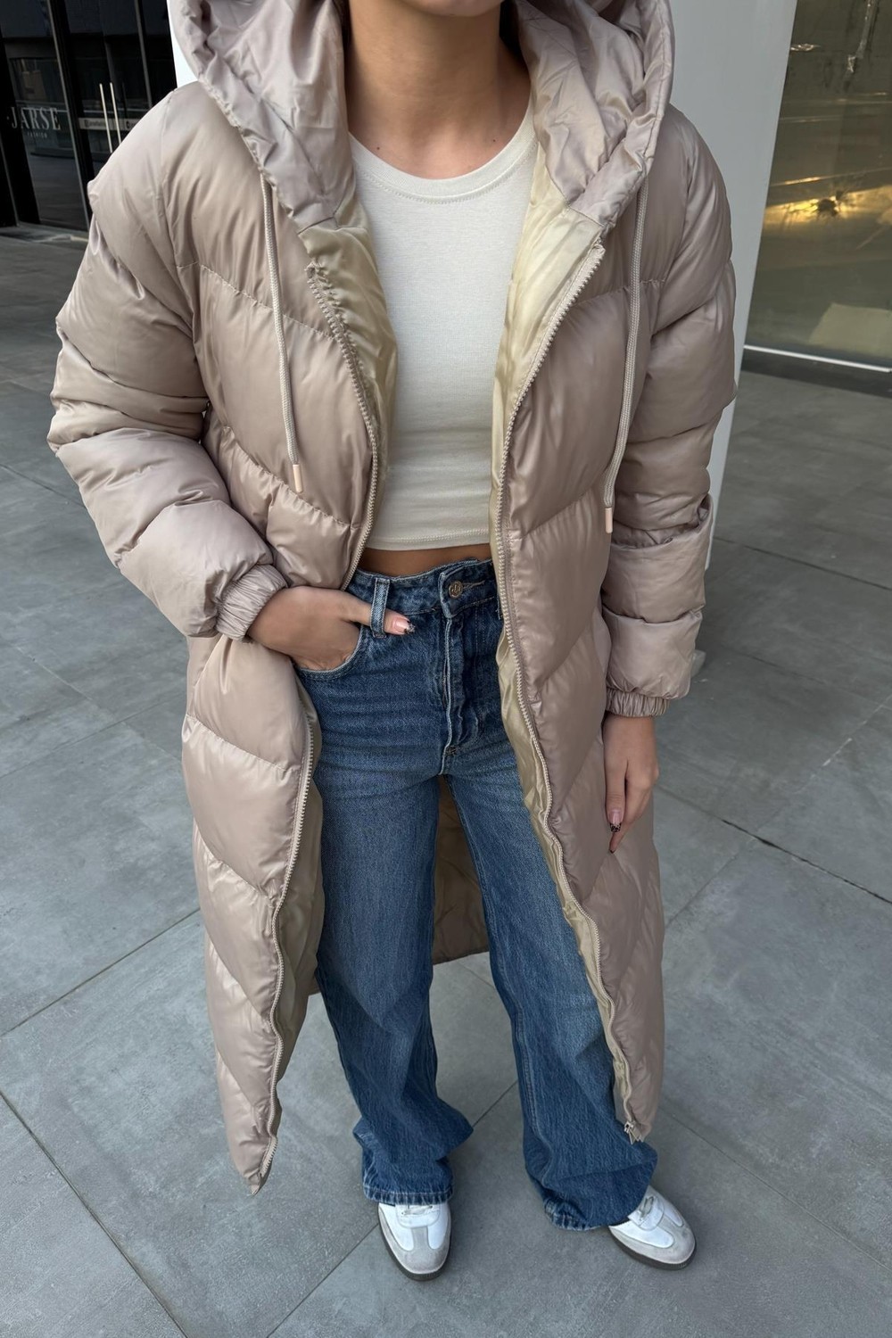 Olcay Bej Kapüşonlu Fermuarlı Uzun Şişme Mont 6668 2024 Sonbahar - Kış Sezonu İçin Kalın Tasarım görsel 8