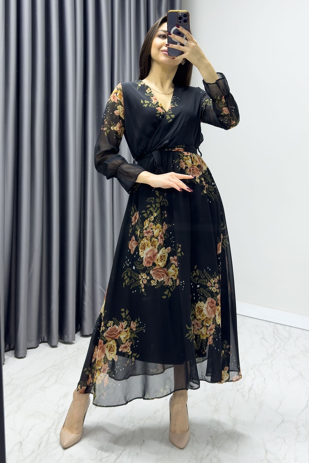ZKS Grup Tekstil Kadın Kruvaze Yaka Desenli Şifon Büyük Beden Midi Elbise Batik, Lacivert Çiçek, Leopar, Sarı Çiçek