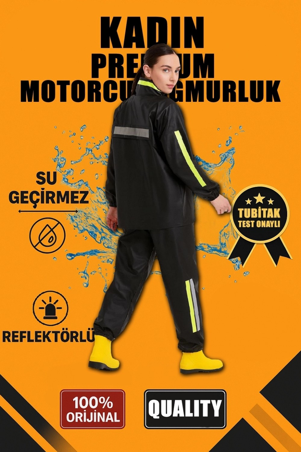 Marsilyan Premium Motorcu Kurye Yağmurluk Takım Su Geçirmez Pvc Kumaş Reflektörlü Tübitak Onaylı - Siyah