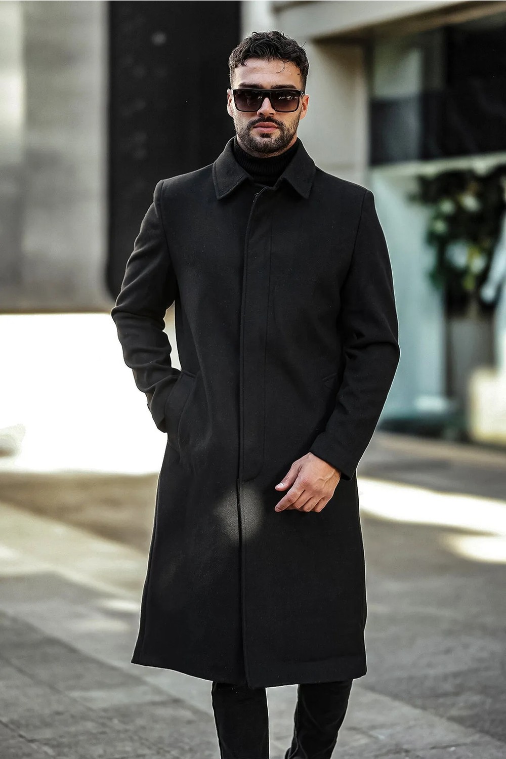 Gm Giyimarket Erkek Slim Fit Uzun Kaşe Kaban Kahverengi Yandan Cepli Kışlık Günlük Kullanım İçin görsel 6