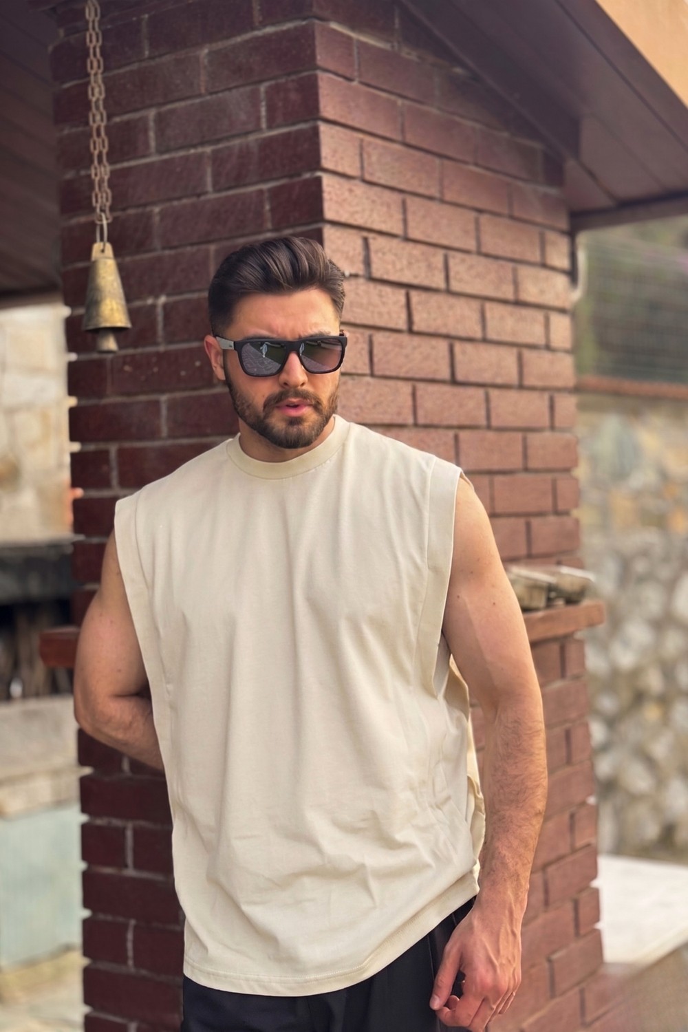 Guaraz Erkek Siyah Basketci Sıfır Kol Bisiklet Yaka Oversıze Kolsuz Kejıl T-Shirt