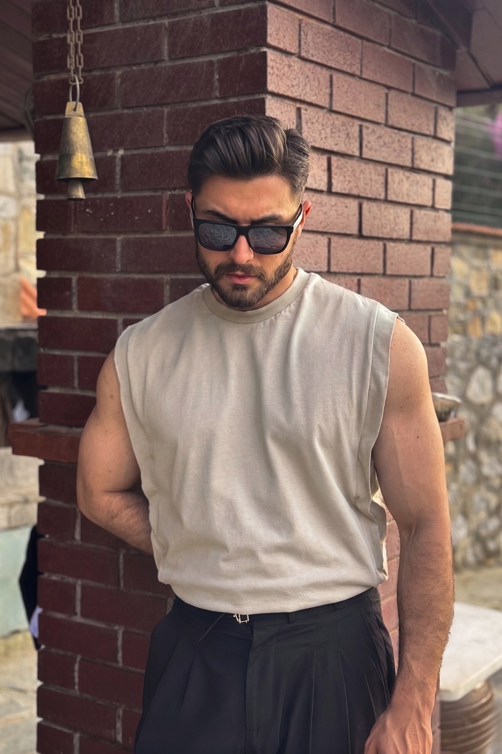 Guaraz Erkek Siyah Basketci Sıfır Kol Bisiklet Yaka Oversıze Kolsuz Kejıl T-Shirt