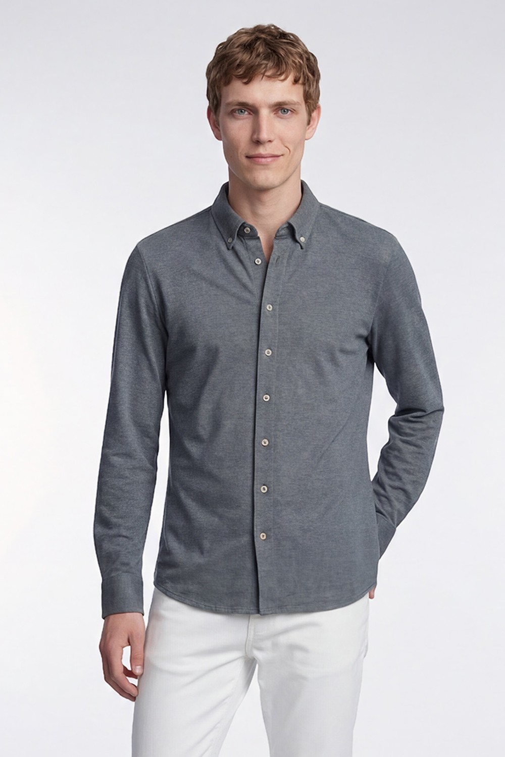 Altınyıldız Classics Erkek Haki Pamuklu Tailored Slim Fit Dar Kesim Düğmeli Yaka Örme Gömlek
