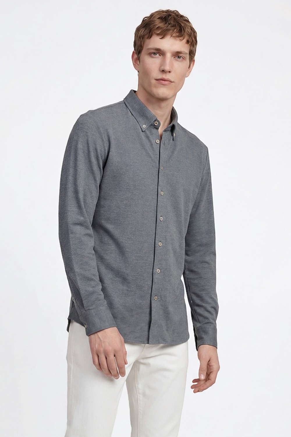Altınyıldız Classics Erkek Haki Pamuklu Tailored Slim Fit Dar Kesim Düğmeli Yaka Örme Gömlek görsel 3