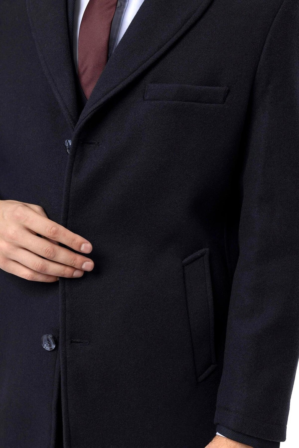 Süvari Slim Fit Yünlü Siyah Erkek Kaban Uzun Kollu Düz Desenli Şık Tasarım görsel 6