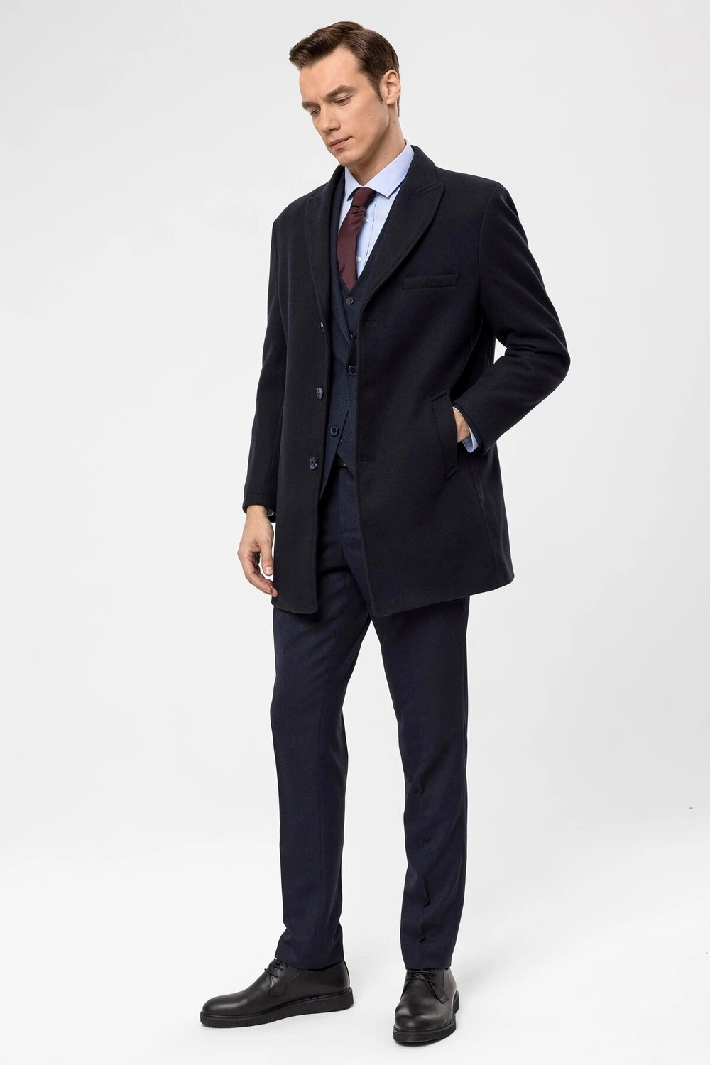 Süvari Slim Fit Yünlü Siyah Erkek Kaban Uzun Kollu Düz Desenli Şık Tasarım görsel 7