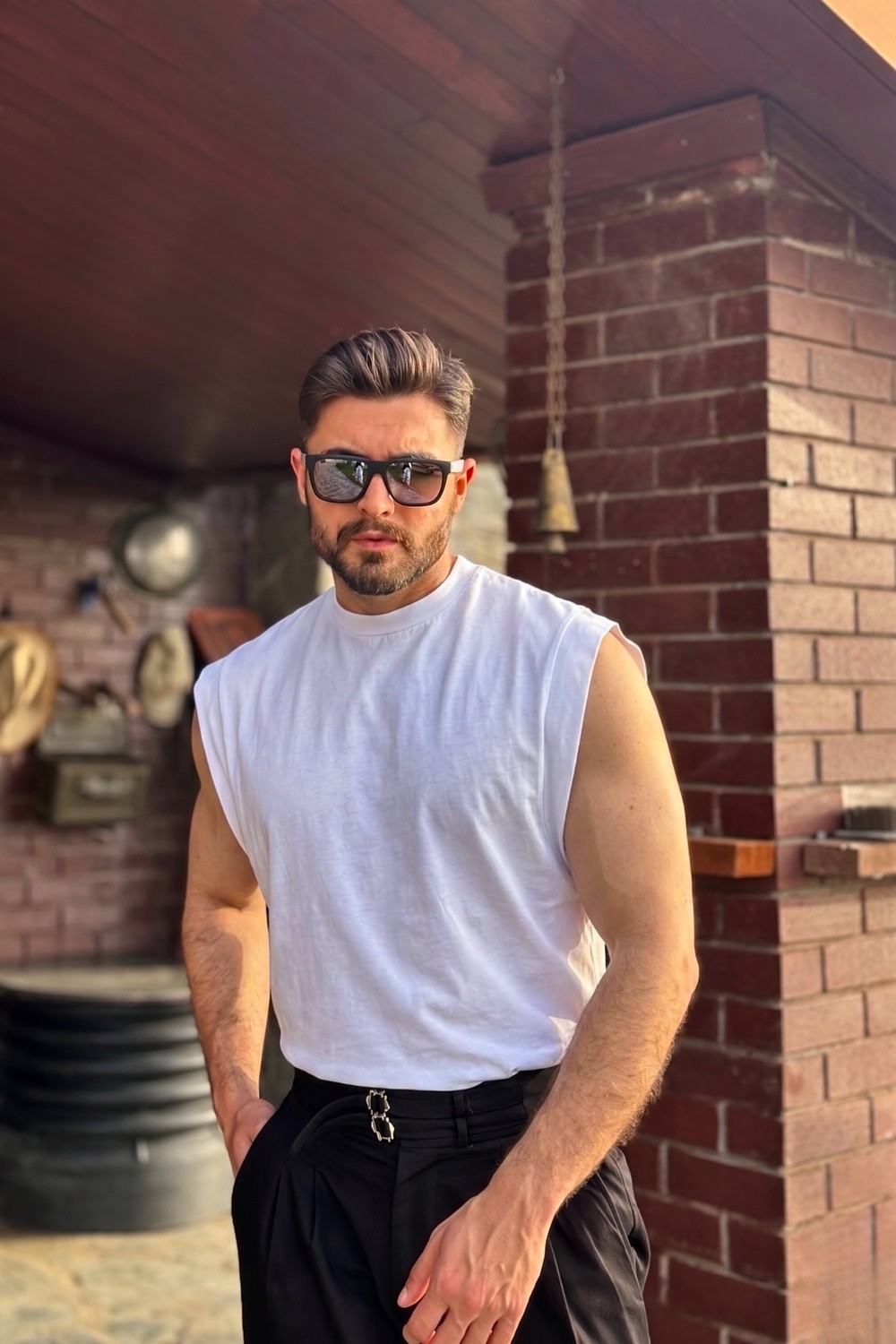 Guaraz Erkek Siyah Basketci Sıfır Kol Bisiklet Yaka Oversıze Kolsuz Kejıl T-Shirt