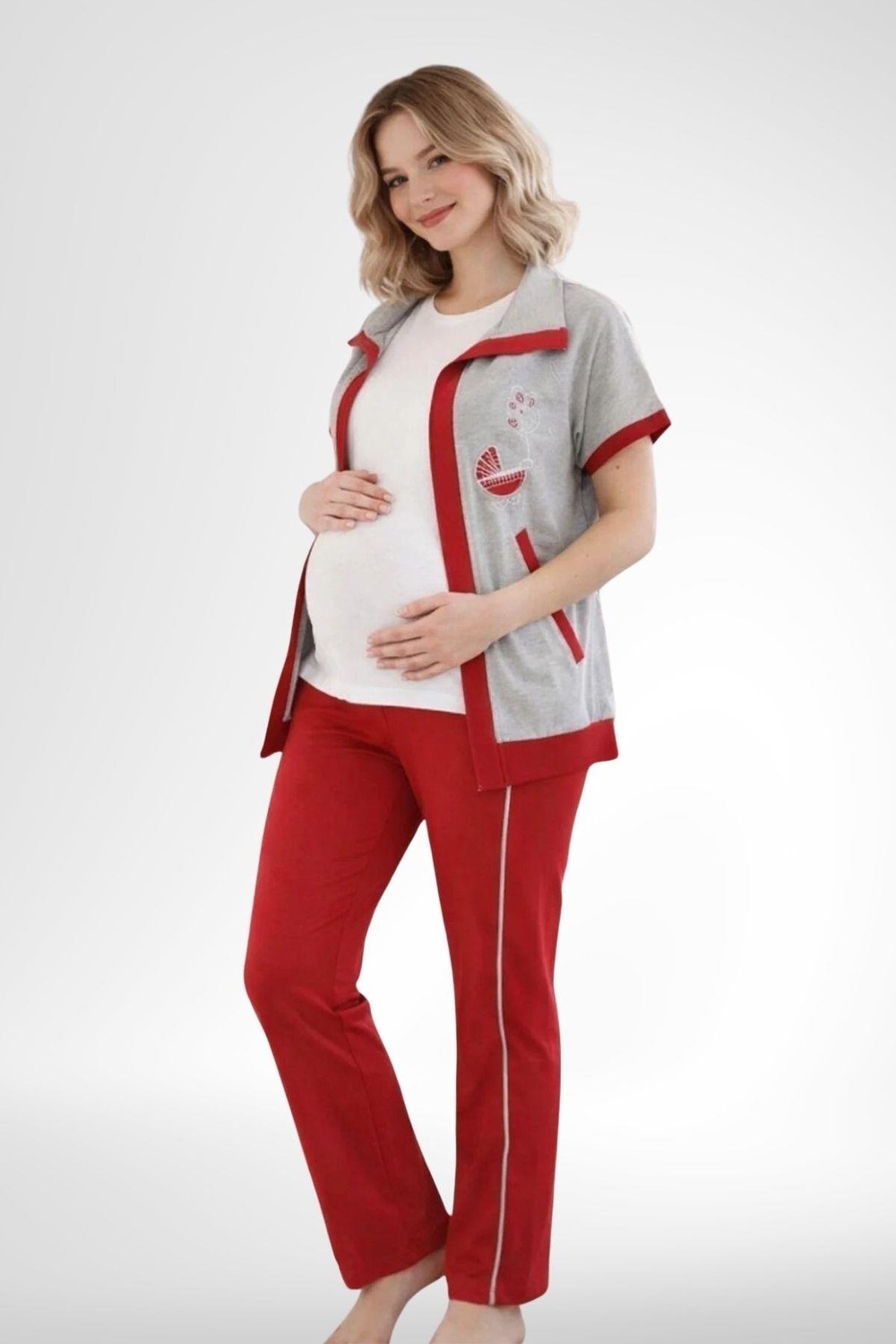 Mecit Pijama Mecit 6352 Kırmızı 3'lü Hamile Lohusa Pijama Takımı görsel 3